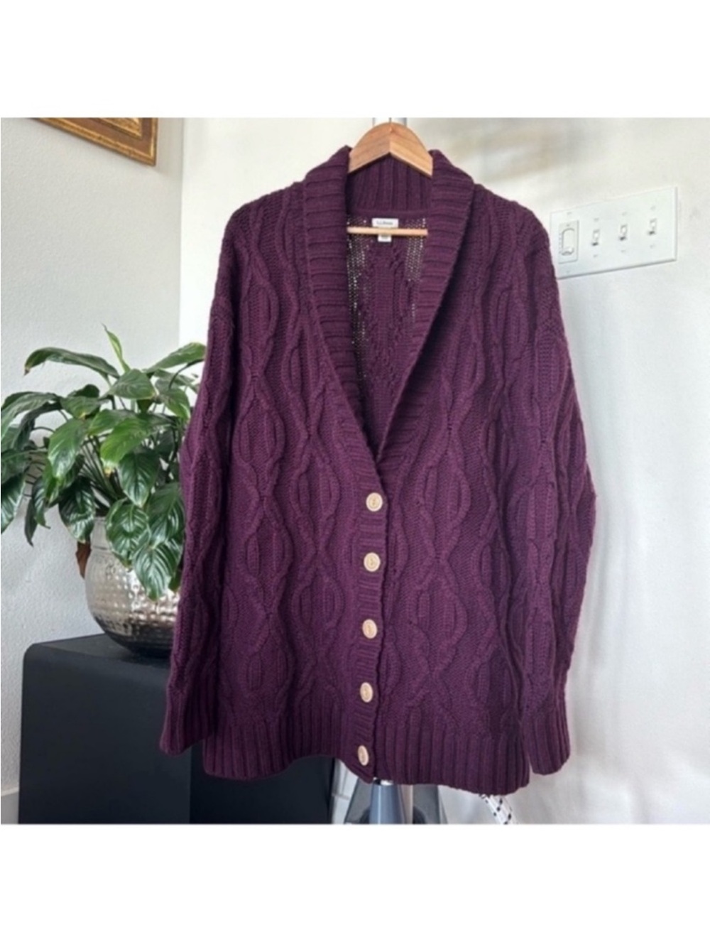 LL Bean Men’s Wool Blend Cable Knit Fisherman Sweater Cardigan Sz XL Purple